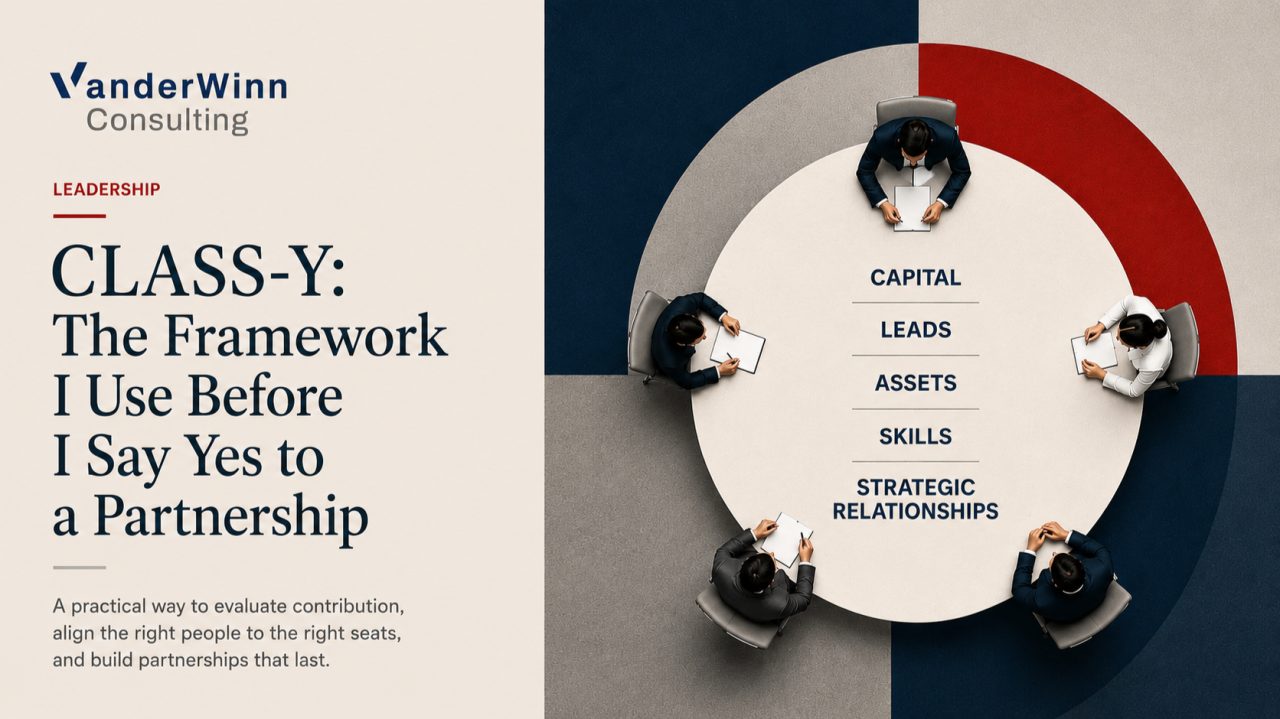 CLASS-Y: The Framework I Use Before I Say Yes to a Partnership. A VanderWinn Consulting title card showing five people seated around a round table listing Capital, Leads, Assets, Skills, and Strategic Relationships.
