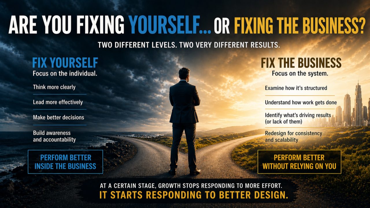 Are You Fixing Yourself, or Fixing the Business? A figure stands at a fork in the road. The stormy left path, Fix Yourself, focuses on the individual and leads to performing better inside the business. The sunlit right path, Fix the Business, focuses on the system and leads to performing better without relying on you.